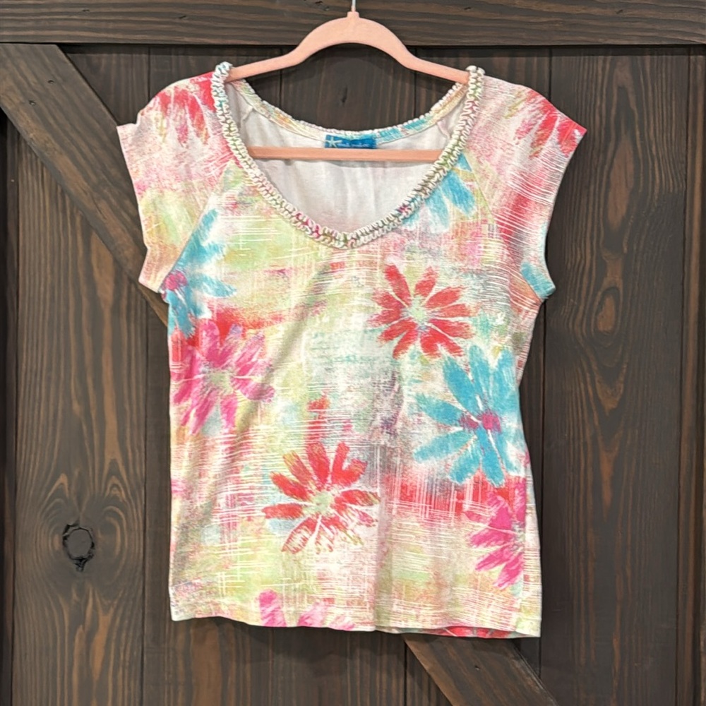 Fresh Produce Women’s Floral Cap Sleeve Multicolor Top 100%‎ Cotton Size Small